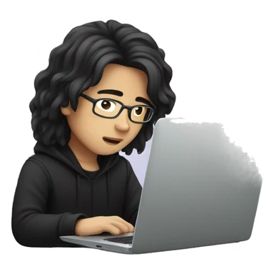 asian boy with glasses, long hair working, wearing black clothes , on his laptop  sticker