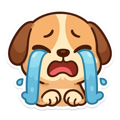 crying cartoon dog emoji, tears streaming, ideal for Twitch chat sticker