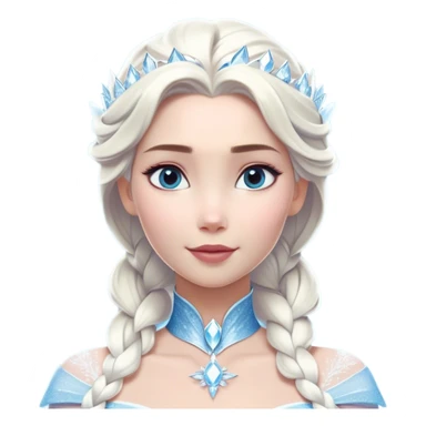 Cinematic Majestic Snow Queen Portrait Emoji, rendered in a clean, vector-style with bold, simplified shapes. Show Elsa with a serene, noble expression, luminous icy skin and gracefully styled platinum hair adorned with subtle crystalline accents, her attire minimal yet majestic. The design radiates a cool, crystalline glow with high shine and a soft glowing outline, embodying timeless, frosty elegance. sticker