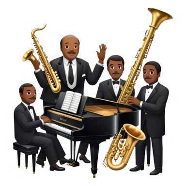Icon for Jazz Music: Count Basie Orchestra, with Count Basie at the piano surrounded by jazz musicians playing instruments like saxophones, trumpets, and drums. Floating musical notes should capture the energetic and smooth vibe of big band jazz. Transparent background. sticker