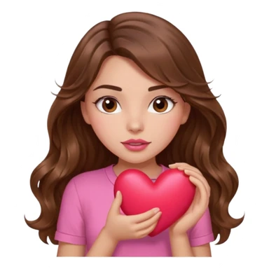 girl with long wavy brown hair, brown eyes, light to medium complexion, in a pink shirt, pink lips, long lashes, squeezing a big heart sticker