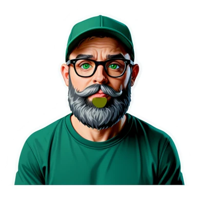 A bold man with a grey baseball cap, green eyes, big beard and glasses blows a kiss sticker