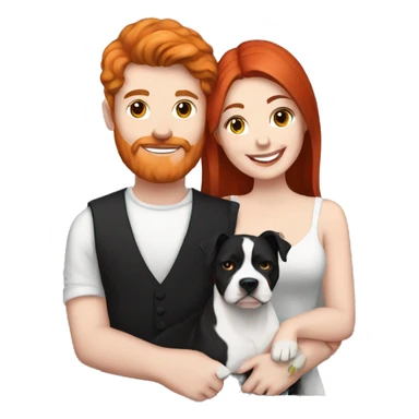 Red haired couple holding black and white English staffordshire sticker