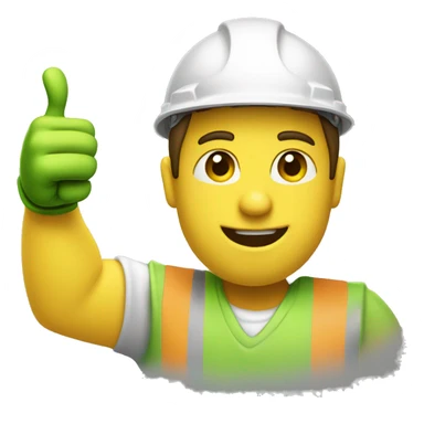 a construction worker doing thumbs up with a green helmet and a yellow shirt sticker