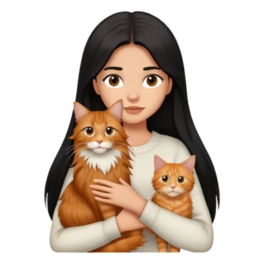 Une fille a la peau mat et yeux marron et au cheveux long lisse et noir portant un chat type Maine coon de couleur roux  sticker