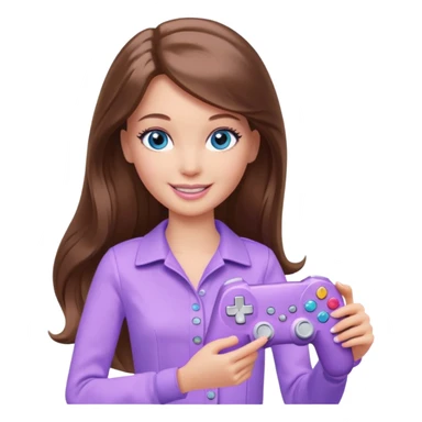 beautiful barbie girl with long brown hair, blue eyes and wearing light purple clothes playing console games with controller sticker