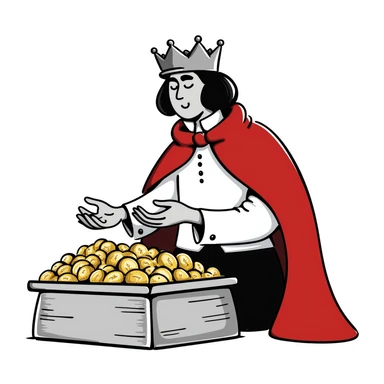 Fantasy merchant king with red cape and crown, counting gold coins, DnD style character sticker