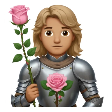 A male knight in armor with long wavy dark blonde hair holding a light pink rose  sticker