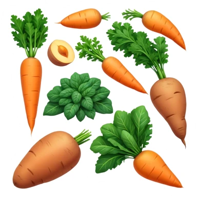 Plant sources of vitamin A (carotenoids): carrots, sweet potatoes, spinach, kale, mangoes, and apricots glowing with a soft orange-yellow light representing their provitamin A content that needs to be converted by the body. sticker