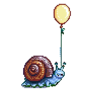 happy snail with cheerful eyes and a balloon on its shell, pixel art style sticker