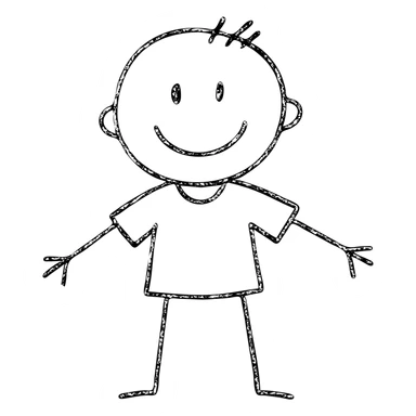 hand-drawn stick man wearing a simple T-shirt, black lines, minimal detail sticker