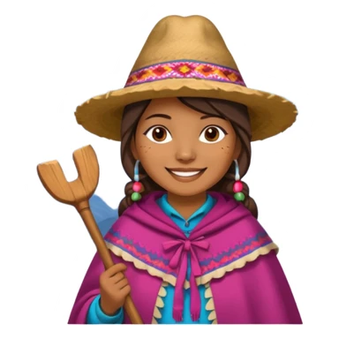 3D emoji style illustration of a Peruvian Andean farmer (woman), wearing traditional chullo hat and poncho, holding a hoe, smiling, mountains in background, bright natural colors, bold outlines, glossy sticker style, transparent background sticker