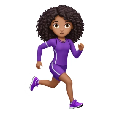 Uma boneca morena escura com olhos castanhos e cabelo cacheado longo até o peito, treinando correndo a roupa roxa com detalhes preto sticker