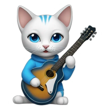 cat with blue eyes holding a guitar sticker