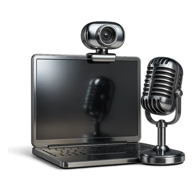 abstract chrome composition of a screen, webcam, and microphone, representing a webinar, radiant and polished sticker