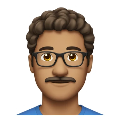 Eurasian man, 25 years old, brown hair, transparent glasses, moustache sticker