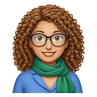 40 yr old Iranian woman, light brown very curly thick hair, shoulder length hair, green eyes, tan skin, big smile, big glasses, blue dress shirt with white scarf on neck sticker