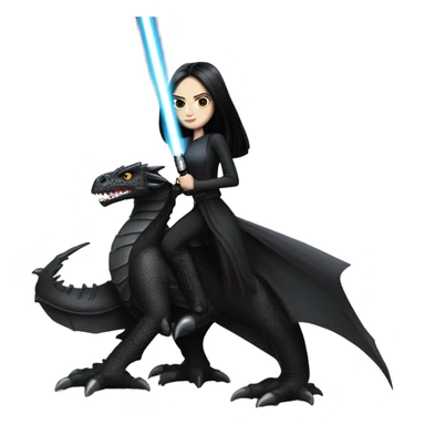 Determined and beautiful armored teen Morticia Addams Jedi riding on the back of a giant black dragon sticker