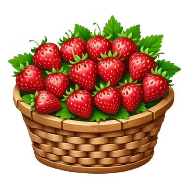 Cinematic ripe strawberrie, deep red, glossy with tiny seeds, green leaves still attached, gathered in a rustic basket, warm glowing background, fresh and sweet. sticker