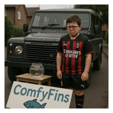 A young boy with glasses and a round face, wearing an AC Milan football kit, standing in front of a Land Rover Defender, looking devastated as his business 'ComfyFins' crashes sticker