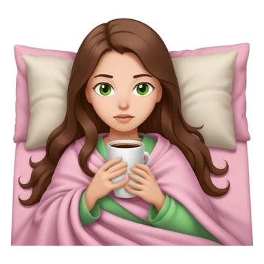 woman with very long brown hair and green eyes in a light pink blanket sleepy with coffee sticker