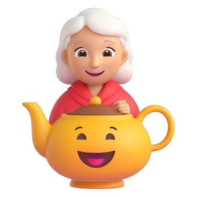 3D smiley emoji, round shape, grandmother with a teapot, light blue color, smiling face sticker
