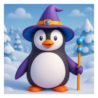 Make a snowy landscape background behind the penguin wizard, keep all original colours and lighting in 3d emoji style sticker