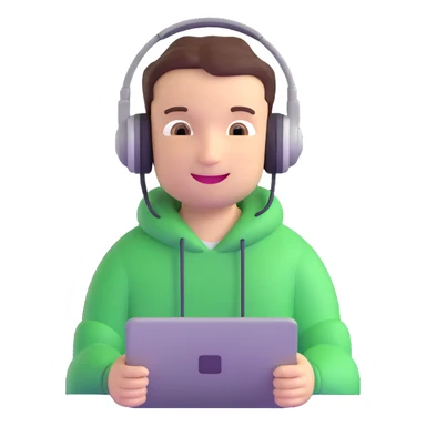 professional programmer, looking confident and happy, with headphones and a cheerful expression, 3D animation style sticker