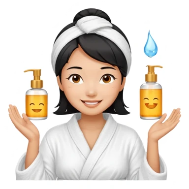 A black-haired East Asian woman smiling with a satisfied, relaxed expression. She is wearing a bathrobe, in the middle of her skincare routine, and her skin looks radiant. sticker