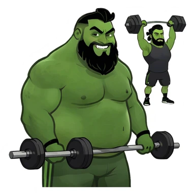 Fat tan guy with beard and man bun and white guy with long curly black hair lifting weights sticker