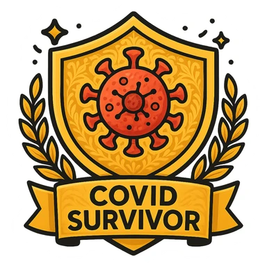 Make the badge more detailed: add intricate patterns to the shield, a more realistic virus symbol, subtle gradients, and a gold laurel wreath around the edge. Keep the celebratory style and 'COVID Survivor' text. sticker
