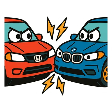 Honda and BMW cars in a fun face-off, vibrant colors sticker