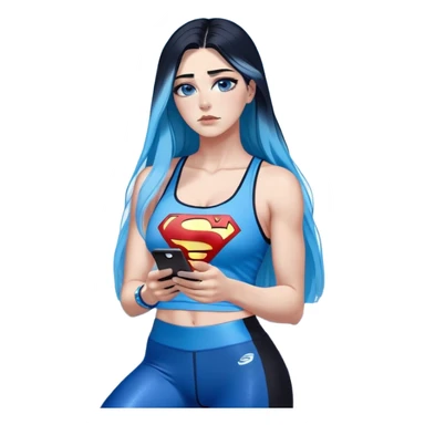 Shameful disappointed crying-very very very very big chest-texting on a samsung cell phone-very long straight flowing black to sky blue hair ombre-blue eyes-black eyeliner-long eyelashes-plastic sparkling sky blue very low cut tank top with sparkling superman logo-black leggings-nike sneakers sticker