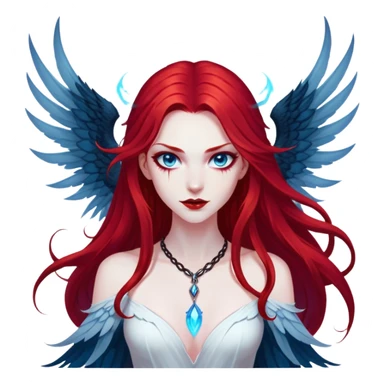 full body portrait of an extremely diabolical girl with pale white skin, massive towering wings, very long flowing blood red hair, glowing blue eyes, black hellfire aura, no horns, evil grin, no necklace sticker