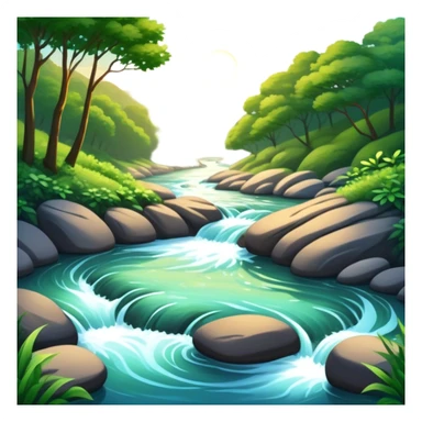 Cinematic Realistic River Emoji, Serene and flowing, with sparkling water meandering through lush greenery, surrounded by trees and rocks. The sun dances across the rippling surface, creating glimmering reflections while birds fly overhead. Soft glowing outline, capturing the essence of peacefulness and tranquility in a meandering river. sticker