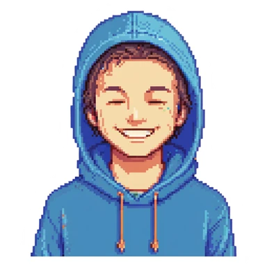 pixel art of a man in a blue hoodie, smiling, animated blinking, retro game style sticker