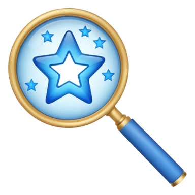 A blue left hand holding a magnifying glass which is showing blue stars sticker