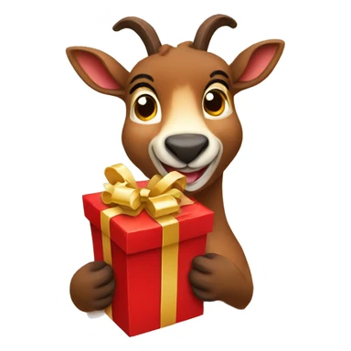 happy smiling brown chamois holding red gift sticker