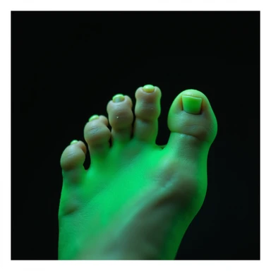 close-up of woman's foot with orthopedic insole, glowing green effect on foot indicating relief, realistic style, white background sticker
