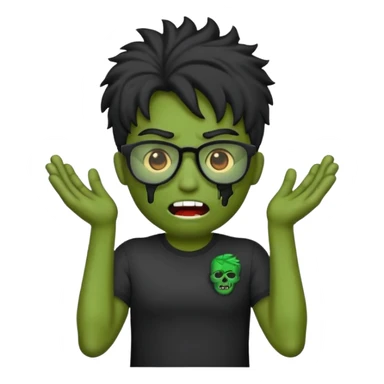 Crie um zumbi estilo emoji do iPhone com cabelo ondulado grande preto com camiseta preta e óculos de grau preto sticker
