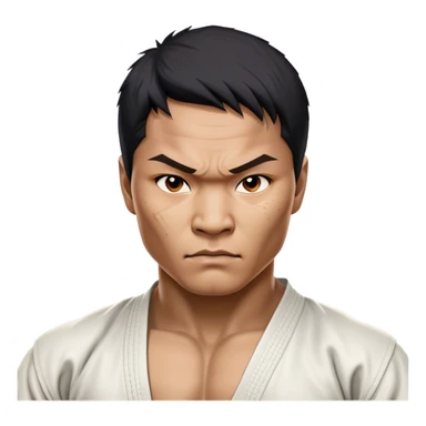 ​Cinematic Realistic Portrait of Tony Jaa, a close-up depiction capturing his intense, determined expression and finely detailed features, rendered with dramatic natural lighting that emphasizes his rugged athleticism and unmistakable martial arts presence, sticker