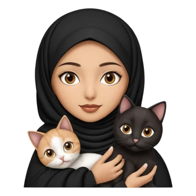 A Arabic woman human with brown eyes and black hijab. , the human is a human, she carry two cat is black and white and the other cath is black and white,,  NO EARS ON THE HUMAN ,  sticker