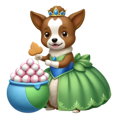 A blue leaf in a green ball gown eating marshmallows on top of a dog sticker