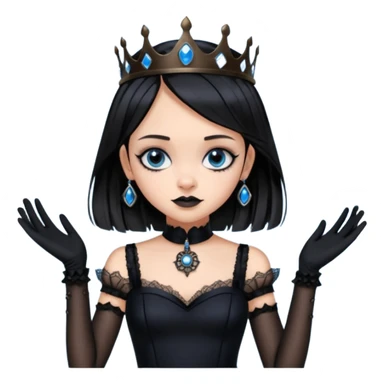 Slim fitting seductively dressed, Holed and worn Lavish black evening gown with see-through wispy black gloves, holding pose witchy Jenna Ortega as student Addams woman wearing a steampunk style mini tiara, very large blue evil-looking horned old evil eyes  sticker