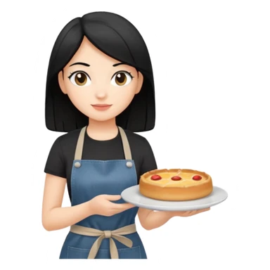 waitress with black hair and a food plate with a black tshirt and ª jeans apron. with a bigger plate and the plate with a cover  sticker