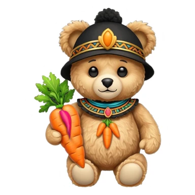 teddy bear, wearing black mayan ancient custome, with carrot sticker