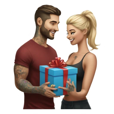 Hyper Realistic beautiful woman receiving a gift from a handsome tattooed man  sticker