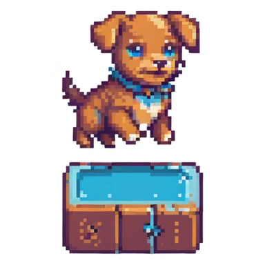 pixel art puppy jumping with joy, retro game style sticker