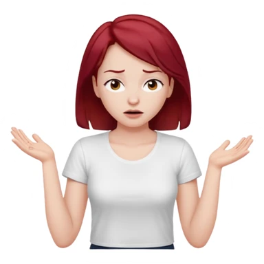 younger woman shrugging, eyes closed, white t-shirt, dark red hair sticker