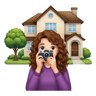Woman with long curly hair taking a photo of a house sticker